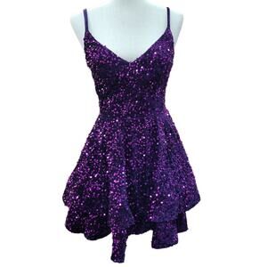 NWT Purple Neck Sequin Short Dress with 2 Tiered Skirt